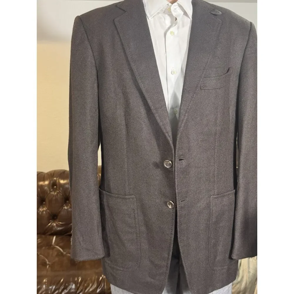 Tom Ford Brown Flannel Cashmere Herringbone Suede Storm Collar Blazer 54 44R